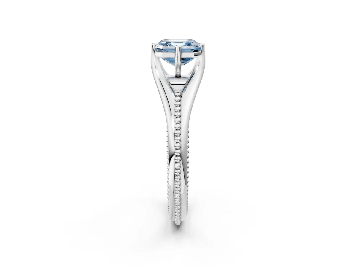 Fancy Blue Asscher Cut Solitaire Beaded Band Six-Prong Setting Platinum