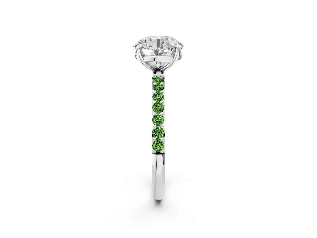 Round Cut Diamond Solitaire Ring with Round Peridot Pavé Band and Prong Setting Silver