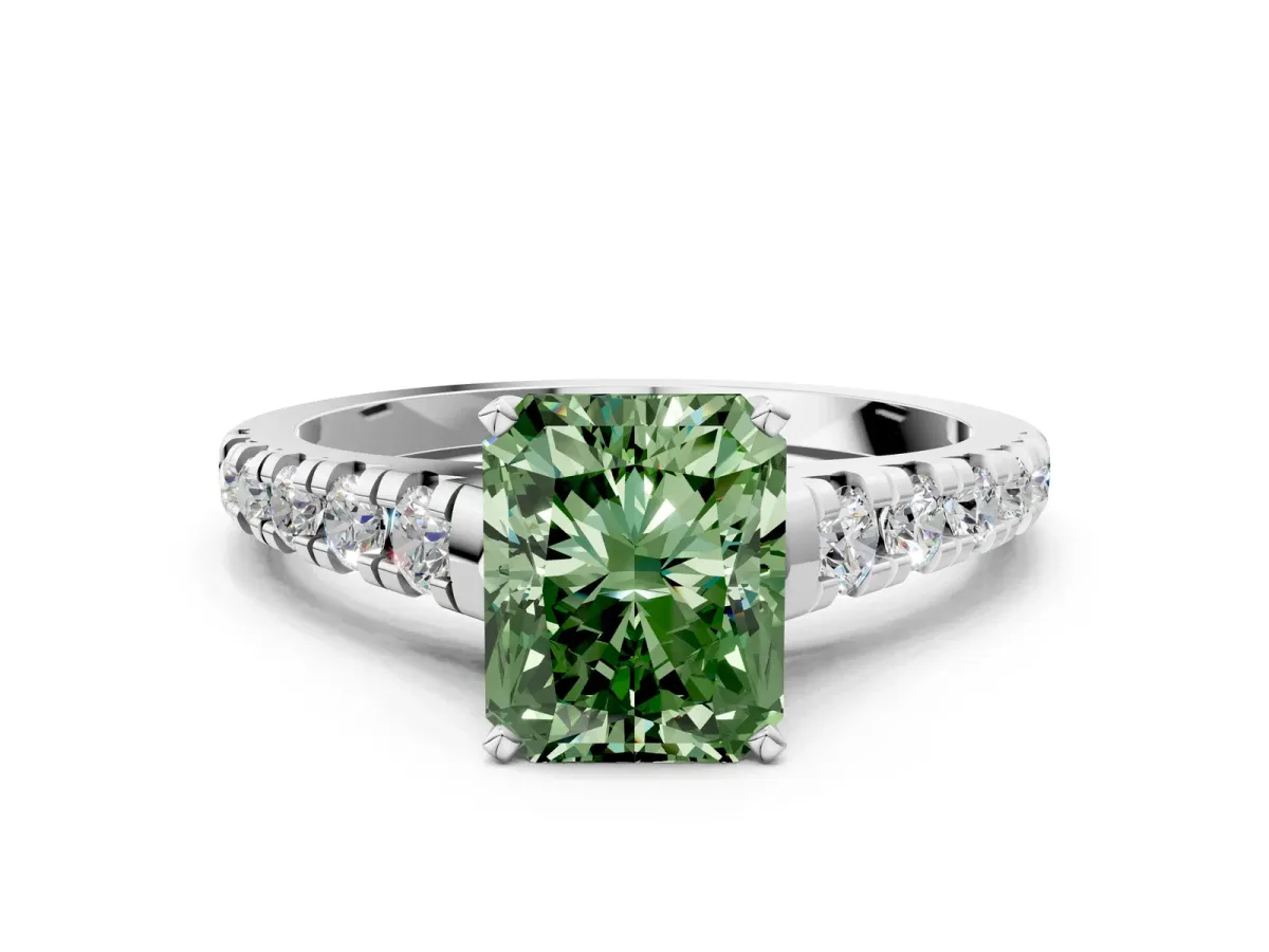 Fancy Green Radiant Cut Diamond Cathedral Solitaire Ring with Round Pavé Band Silver