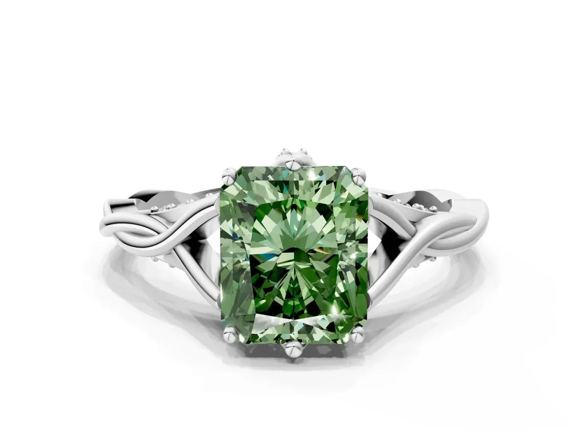 Fancy Green Radiant Cut Solitaire Twist Band Six-Prong Setting Platinum