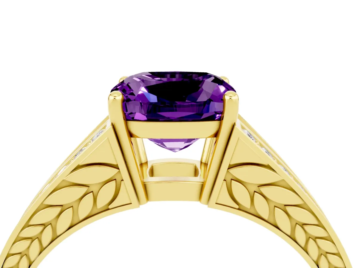 Cushion Cut Amethyst Split Shank Ring with Pavé Band and Four-Prong Setting Yellow gold