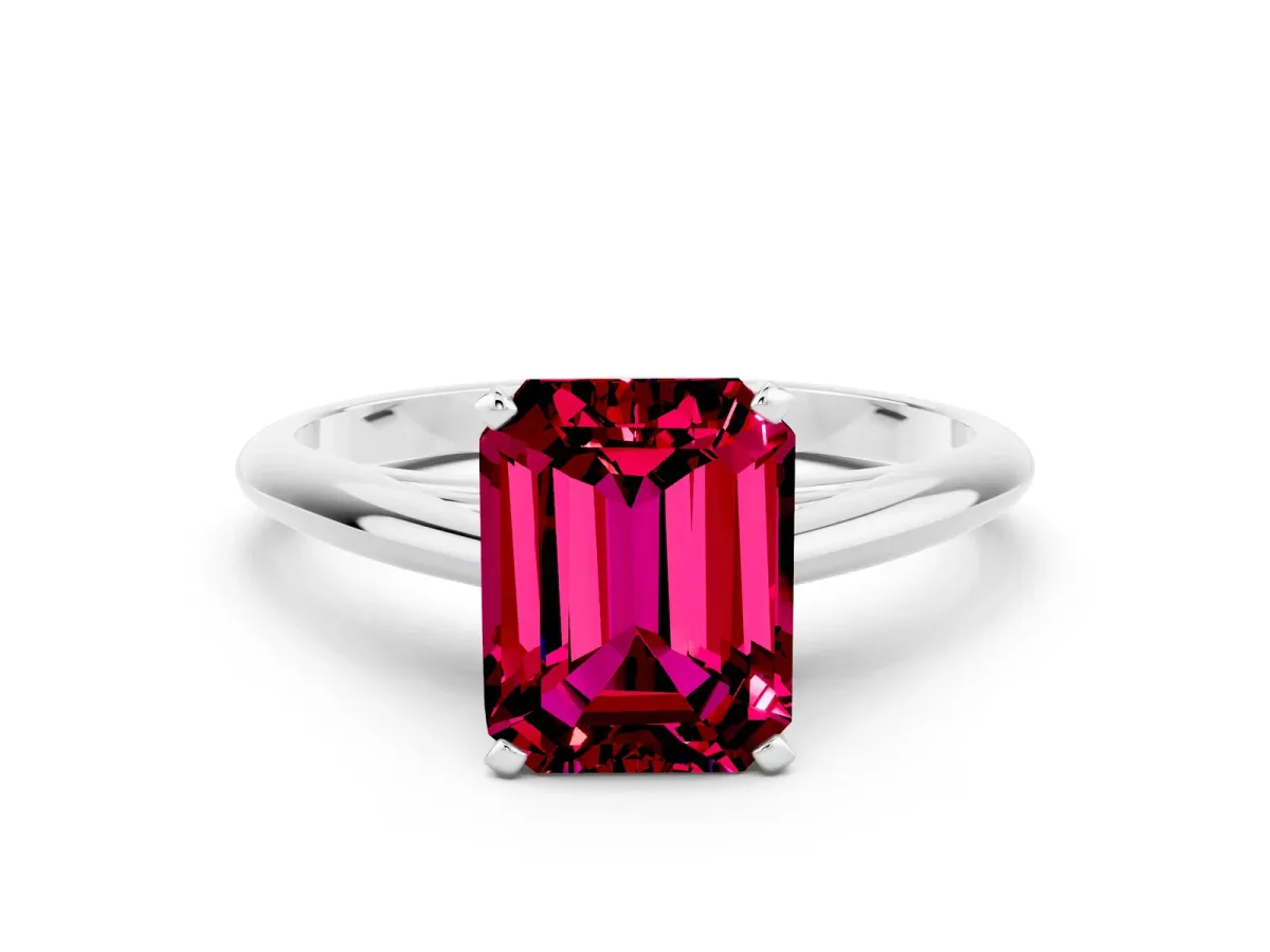 Emerald Cut Garnet Solitaire Engagement Ring with Cathedral Setting and Four-Prong Mount White gold