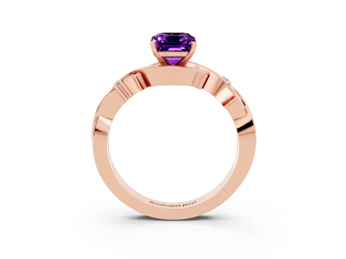 Emerald Cut Amethyst Solitaire Ring with Twisted Band and Prong Setting Rose gold