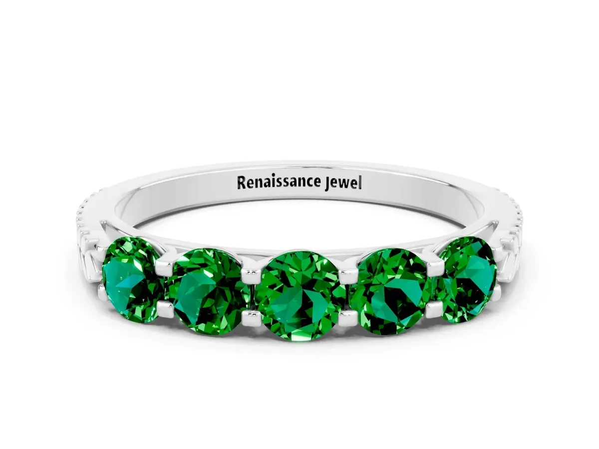 Five-Stone Round Emerald Prong-Set Band Platinum