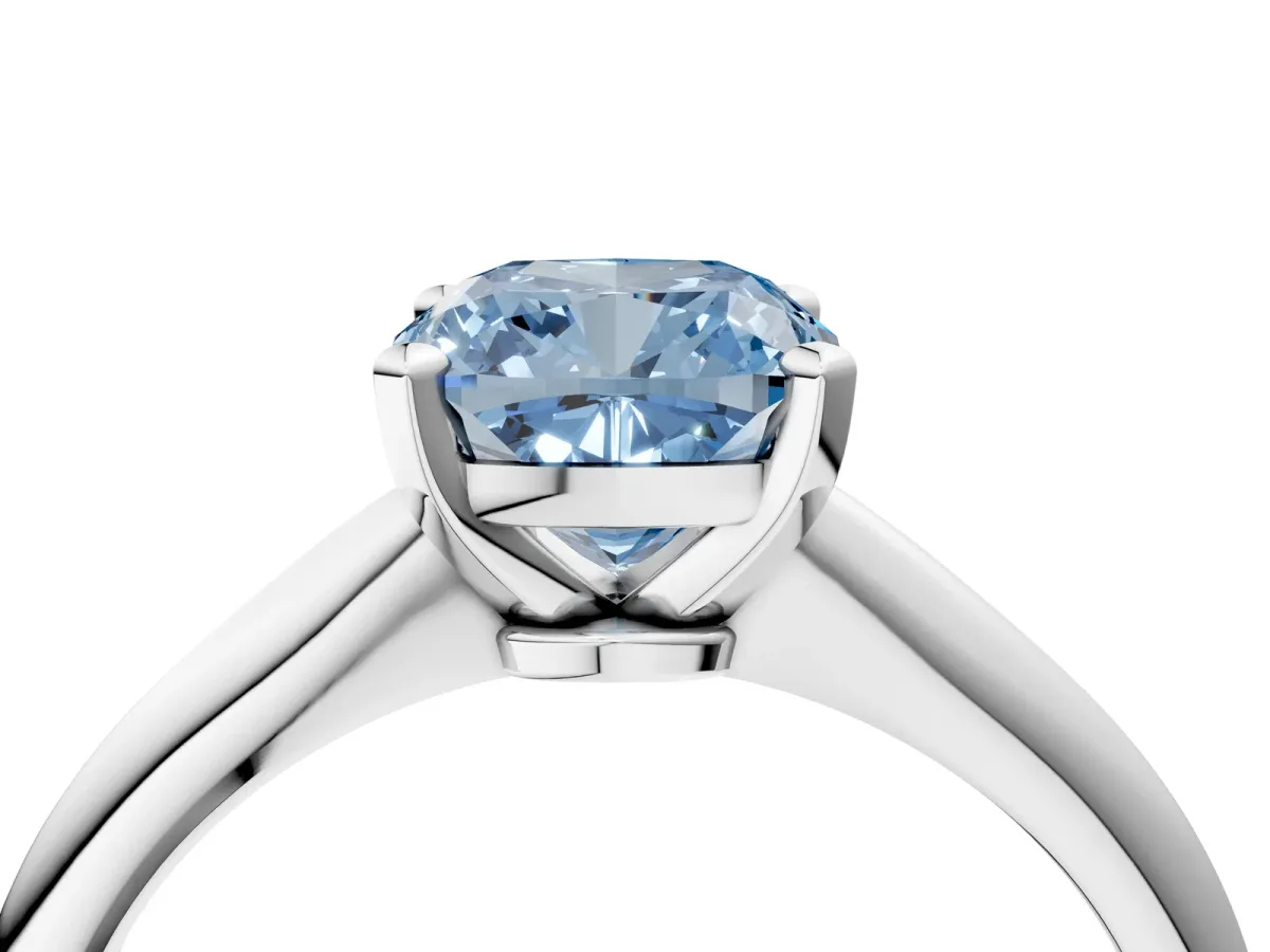 Fancy Blue Cushion Cut Diamond Solitaire Engagement Ring with Classic Band and Four-Prong Setting Silver