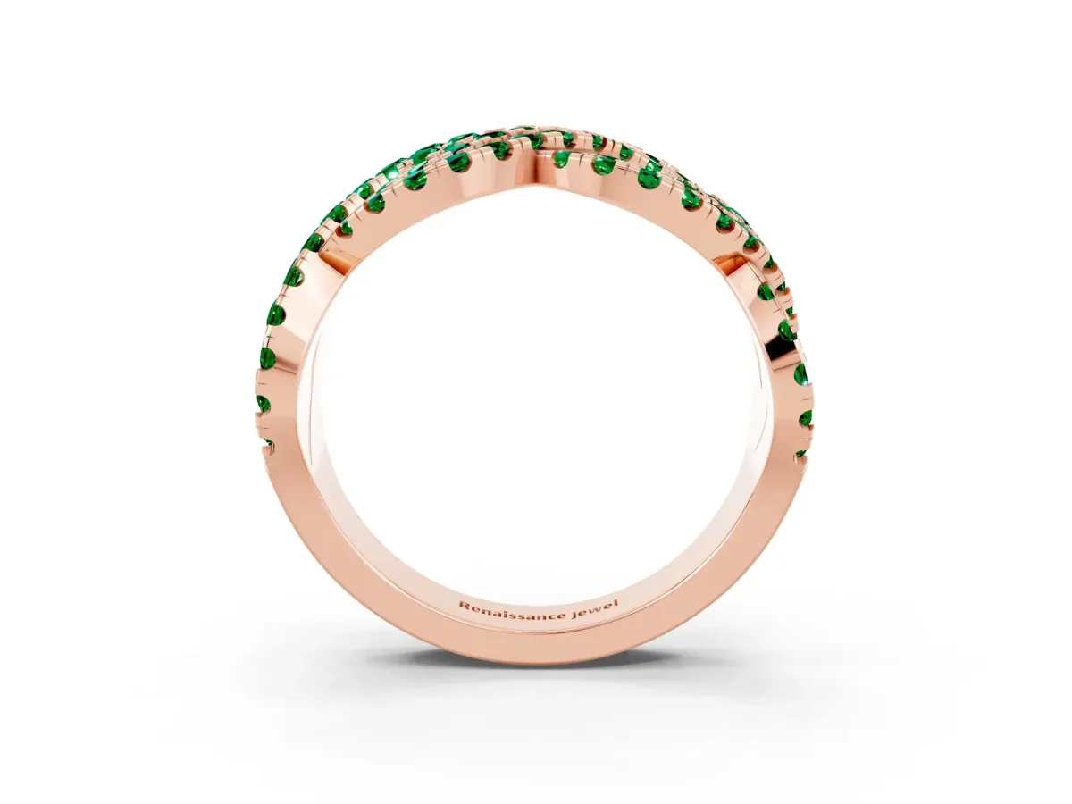 Pavé Round Emerald Infinity Twist Band with Shared Prong Setting Rose gold