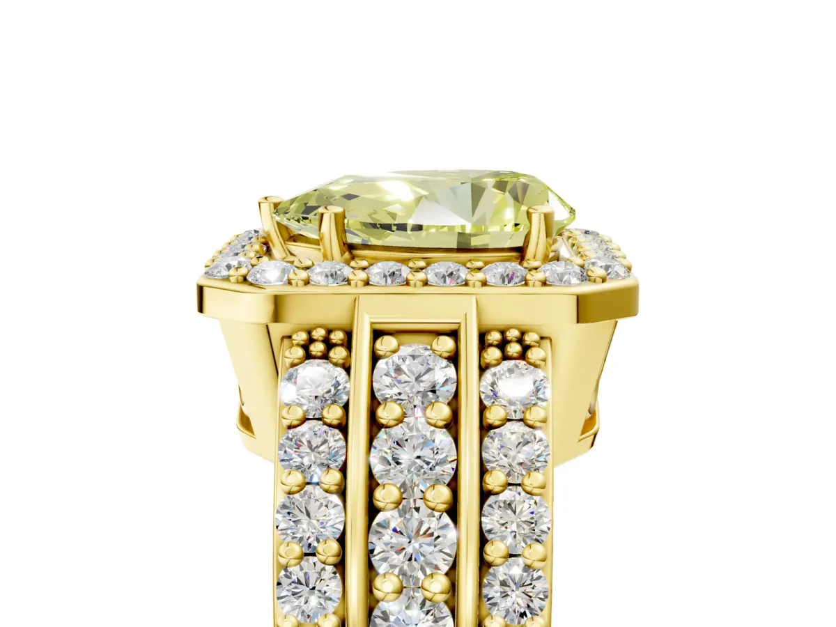Fancy Yellow Pear Cut Halo Diamond Ring with Round Split Shank and Prong Setting Yellow gold