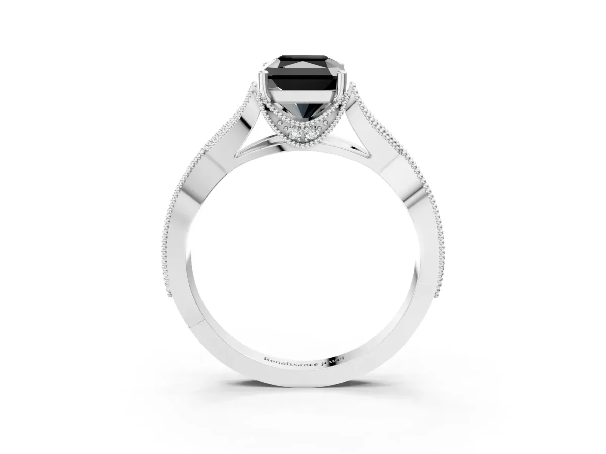 Fancy Black Radiant Cut Cut Diamond Twisted Band with Milgrain Pave Setting and Four-Prong Setting Platinum