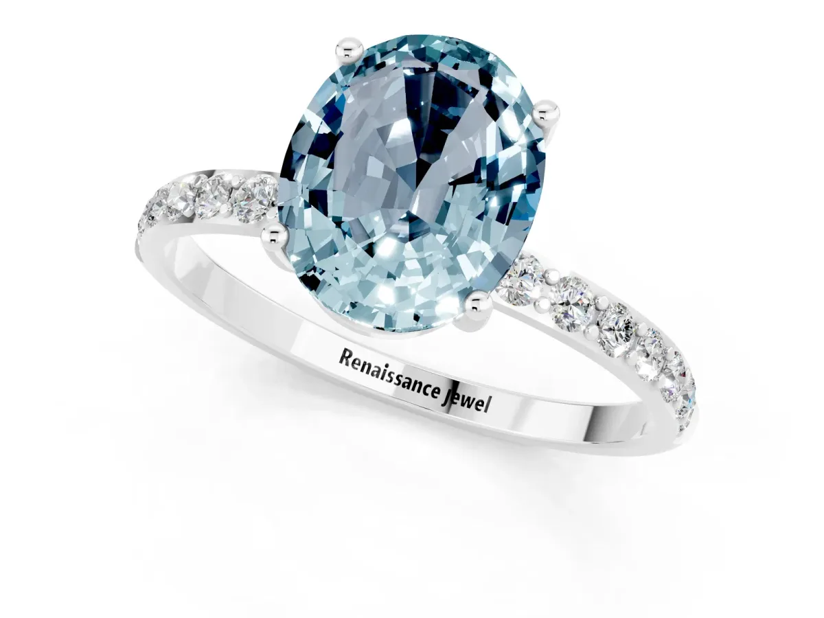 Oval Cut Aquamarine Solitaire Ring with Round Pavé Band and Prong Setting Silver