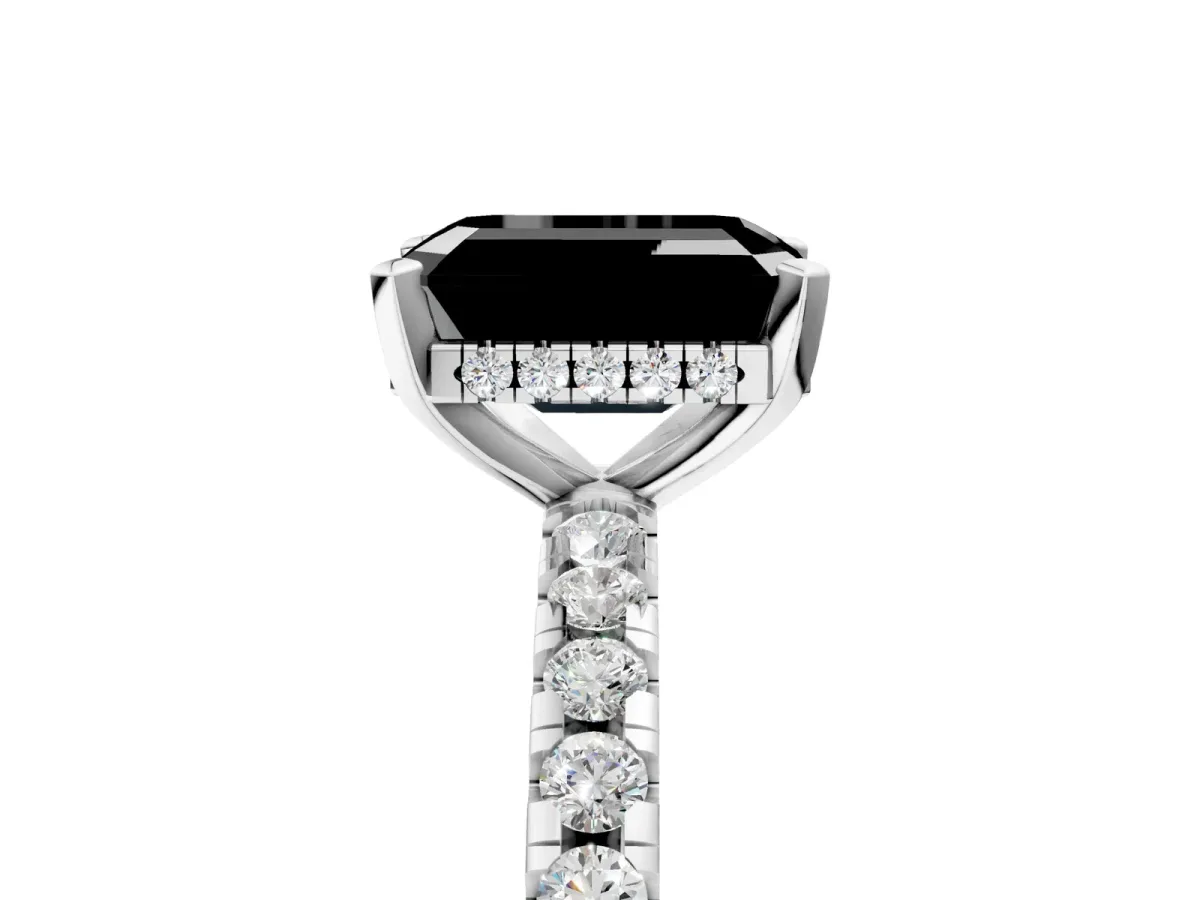 Fancy Black Emerald Cut Diamond Solitaire Ring with Round Pavé Band and Four-Prong Setting Silver