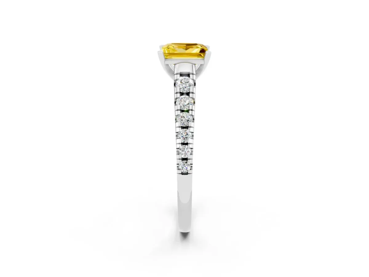 Princess Cut Yellow Sapphire Cathedral Solitaire Ring with Round Pavé Band Silver