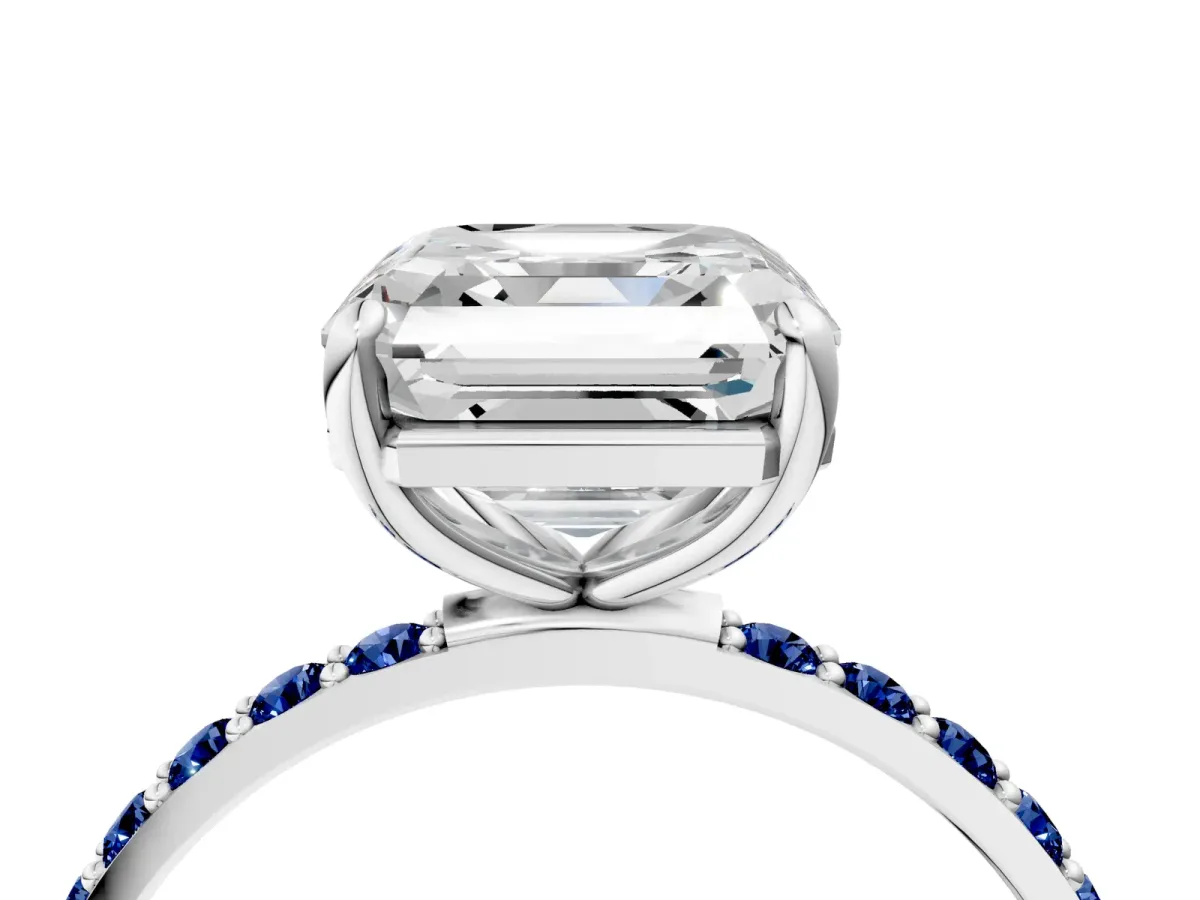 Asscher Cut Diamond Solitaire Ring with Round Blue Sapphire Pavé Band and Prong Setting Silver