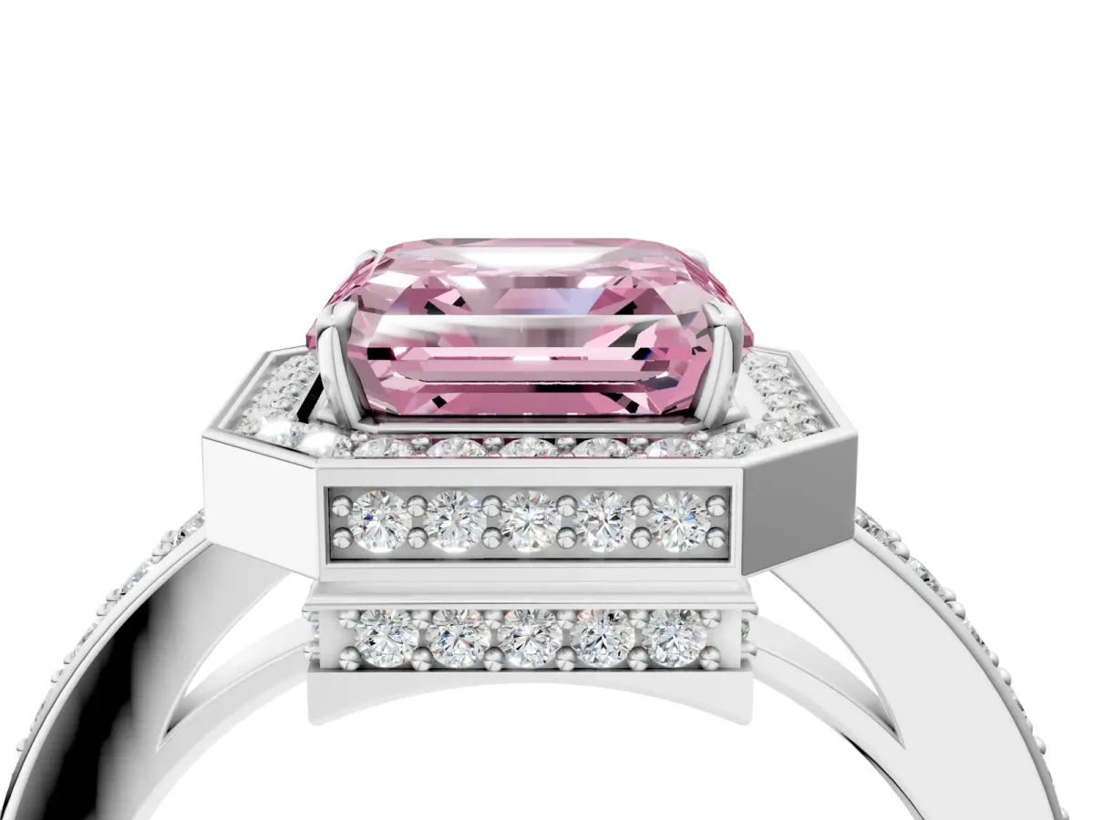 Fancy Pink Asscher Cut Halo Pave Band Solitaire Ring with Prong Setting Platinum