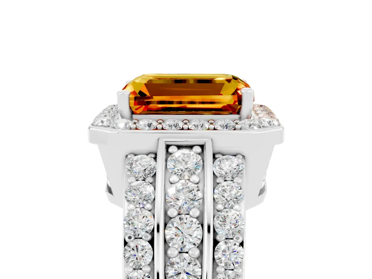 Emerald Cut Halo Citrine Ring with Round Split Shank and Prong Setting Platinum