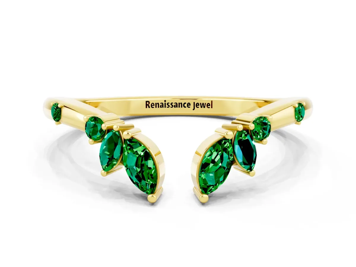 Open Marquise Cluster Emerald Band with Prong Setting Yellow gold
