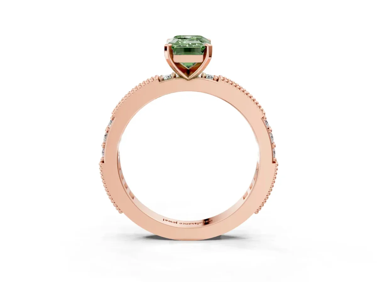 Fancy Green Emerald Cut Solitaire with Pavé Band and Four-Prong Setting Rose gold