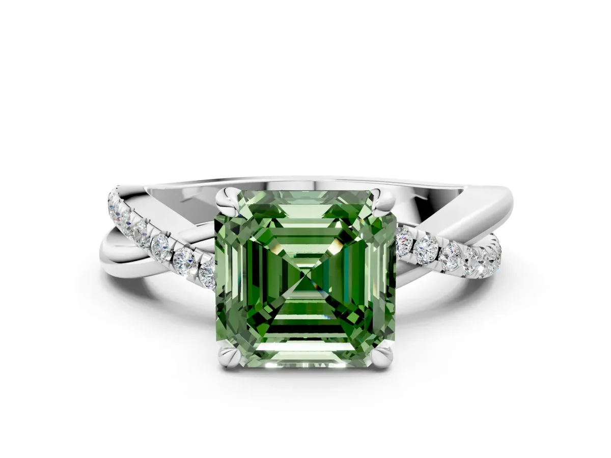 Fancy Green Asscher Cut Cut Twist Band Solitaire Diamond Ring with Pavé Setting Platinum