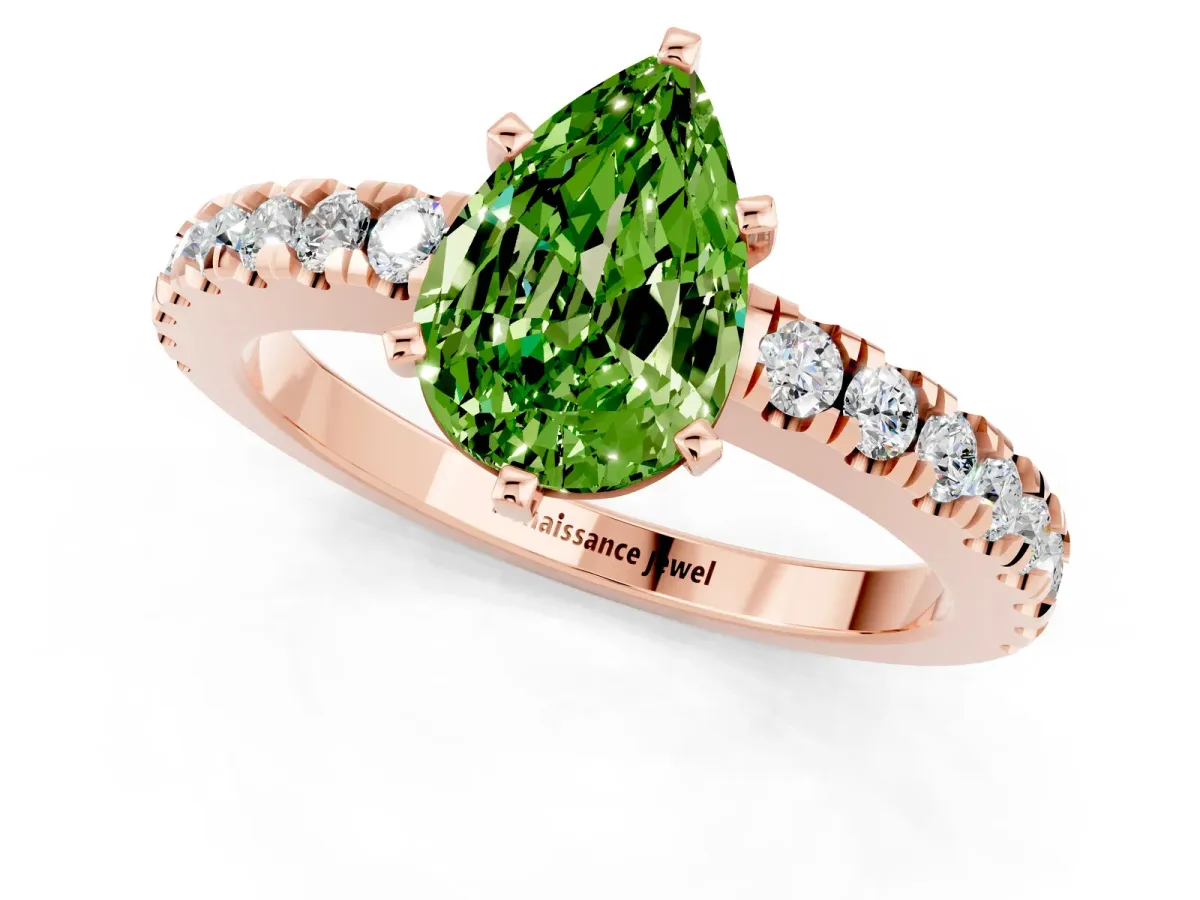 Pear Cut Solitaire Peridot with Pavé Band and Four-Prong Setting Rose gold