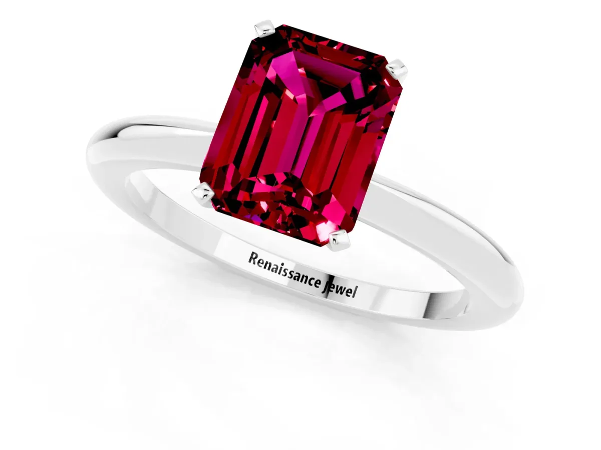 Emerald Cut Garnet Solitaire Ring with Six-Prong Setting and Classic Band White gold