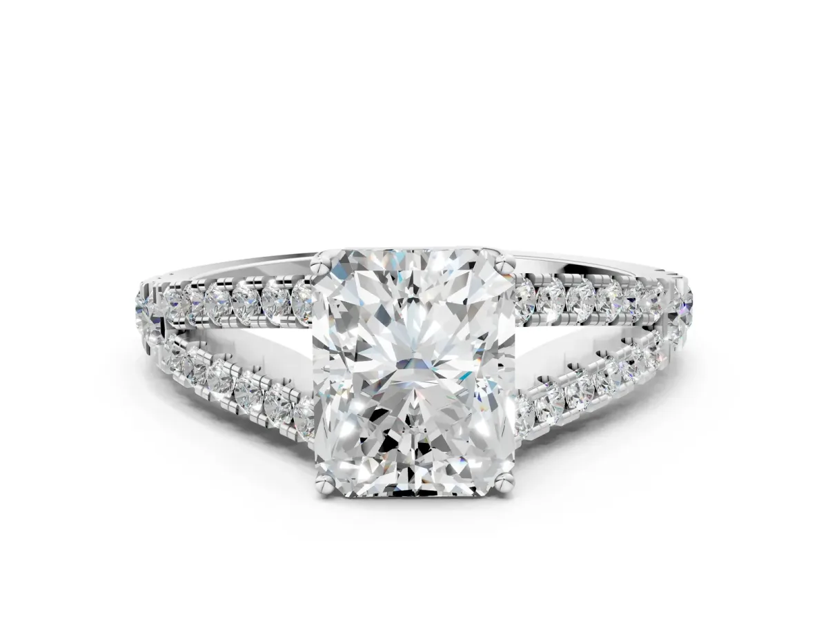 Radiant Cut Diamond Split Shank Pavé Engagement Ring with Four-Prong Setting White gold