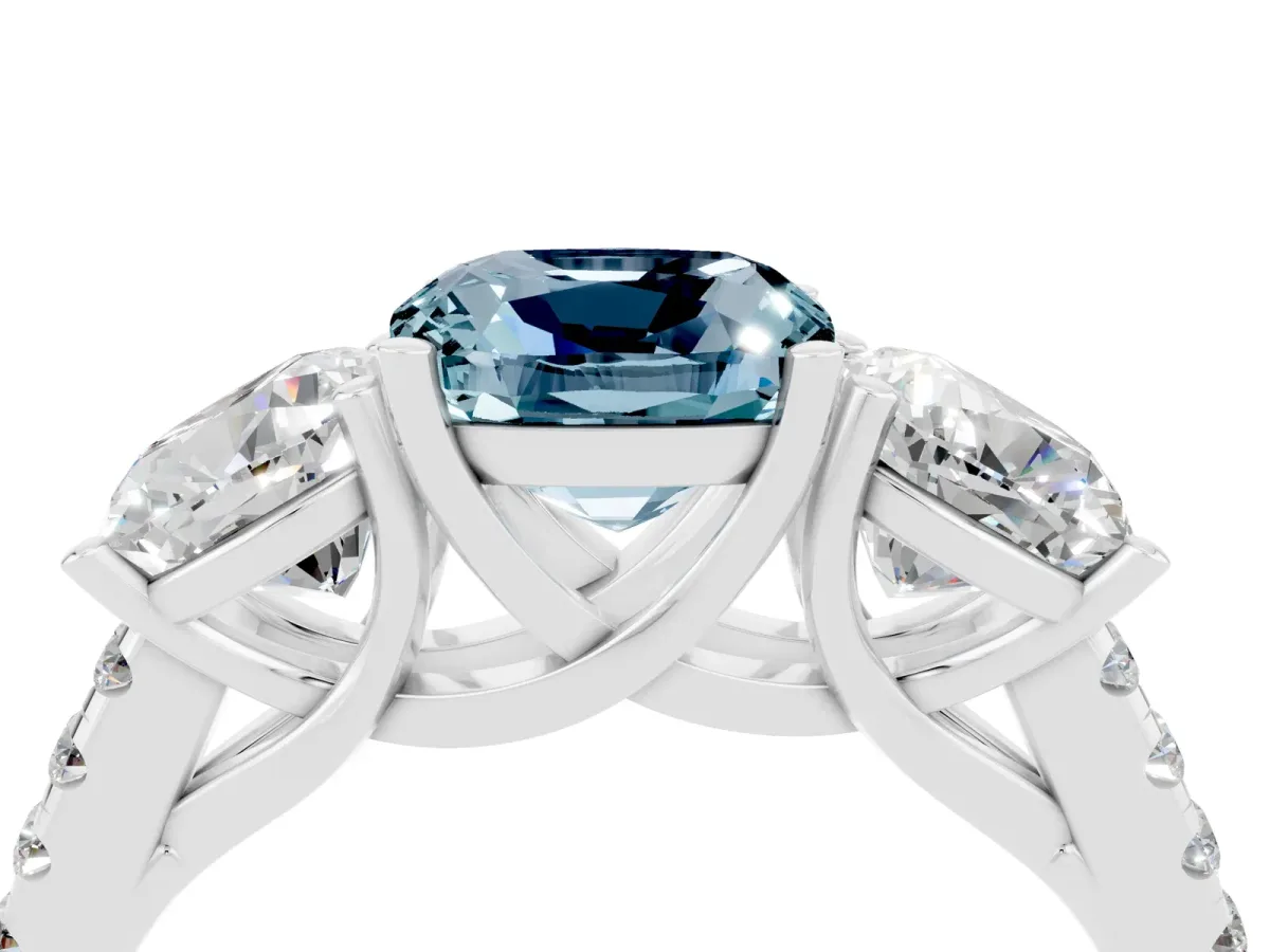 Three-Stone Cushion Cut Aquamarine Ring with Round Pavé Band and Prong Setting Silver