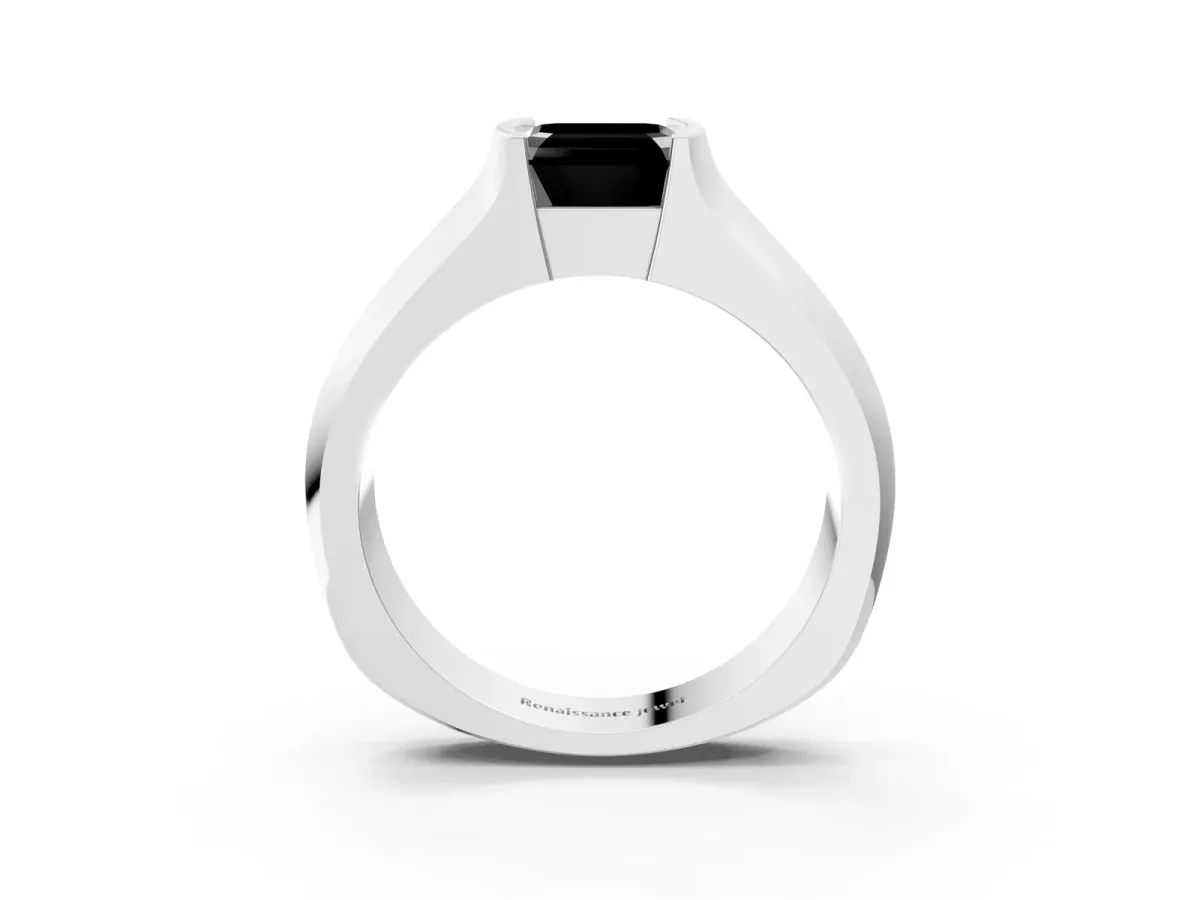 Fancy Black Asscher Cut Solitaire Bezel Set Diamond Ring with Wide Band Platinum