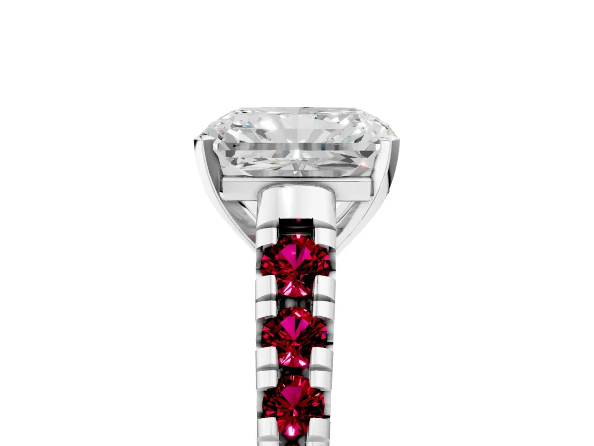 Radiant Cut Diamond Cathedral Solitaire Ring with Round Garnet Pavé Band Silver