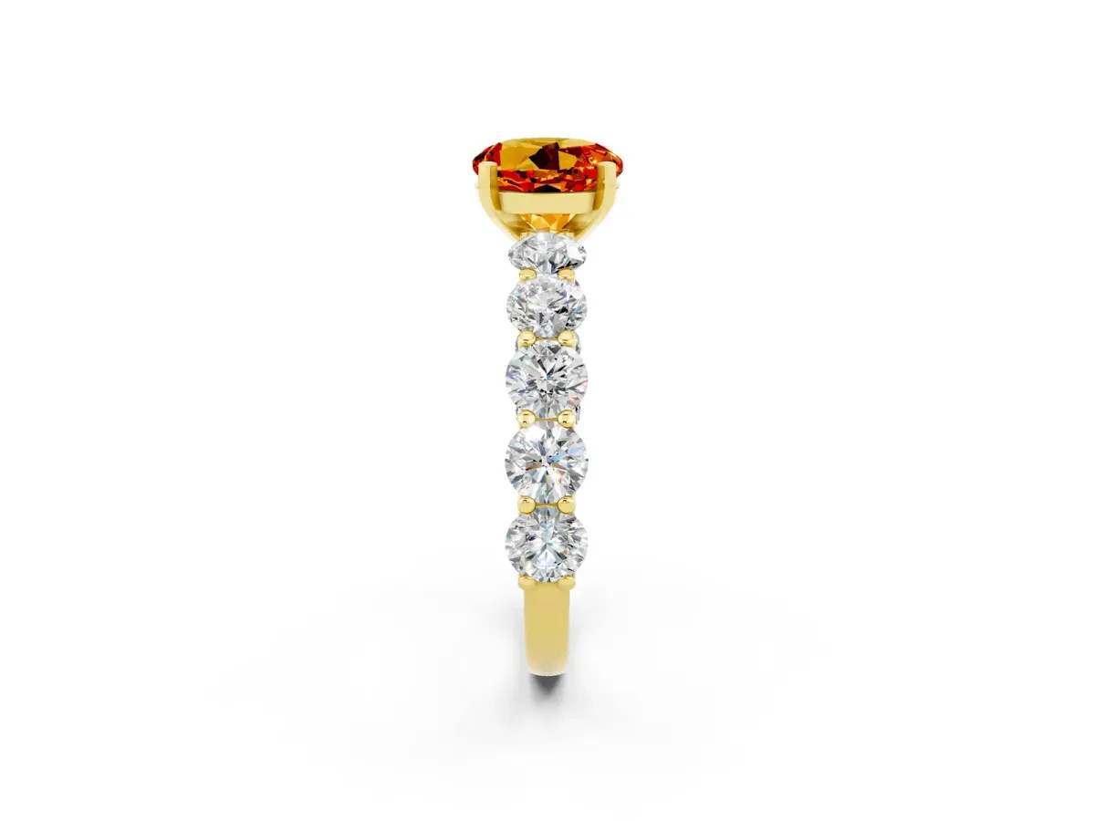 Round Cut Citrine Prong Setting with Side Stones on a Pave Band Yellow gold