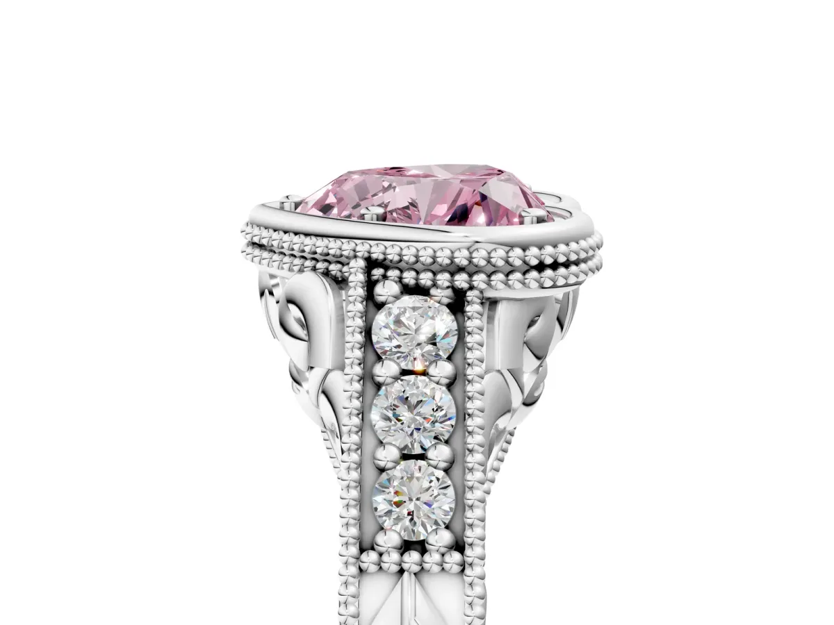 Fancy Pink Bezel Set Heart Cut Diamond Milgrain Pave Engagement Ring Platinum