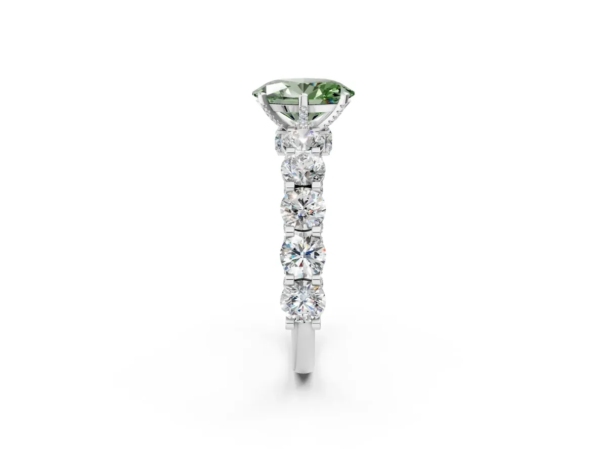 Fancy Green Oval Cut Diamond Side Stone Engagement Ring with Four-Prong Setting White gold