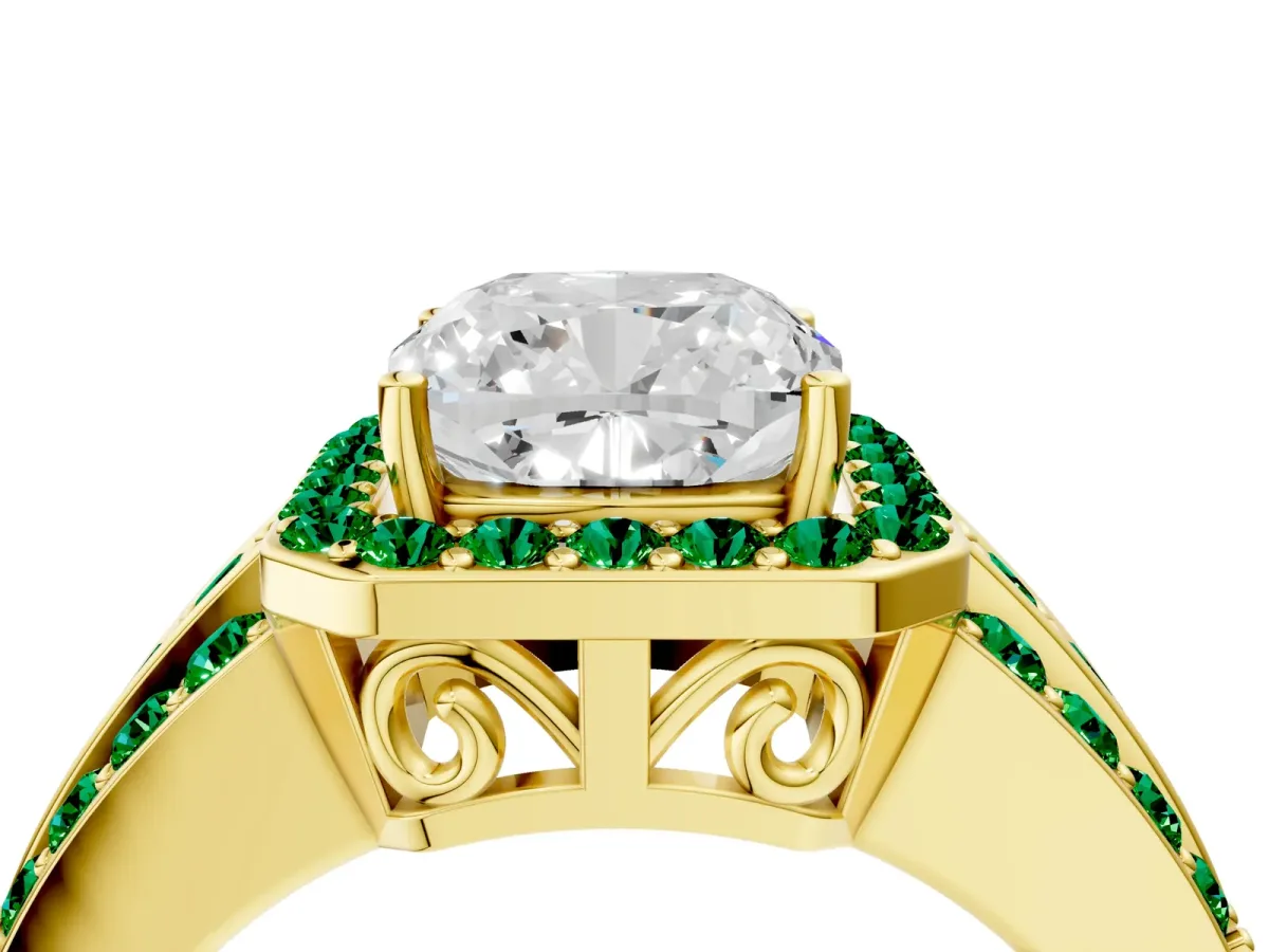 Cushion Cut Halo Diamond Ring with Round Emerald Split Shank and Prong Setting Yellow gold