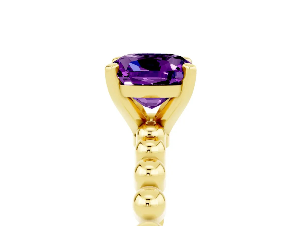 Cushion Cut Amethyst Solitaire Ring with Beaded Band and Prong Setting Yellow gold