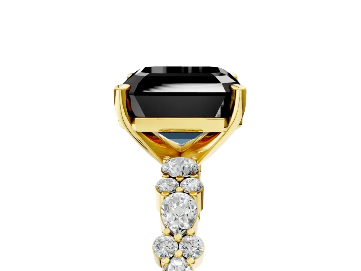 Fancy Black Asscher Cut Diamond Side Stone Solitaire Ring with Round and Four-Prong Setting Yellow gold