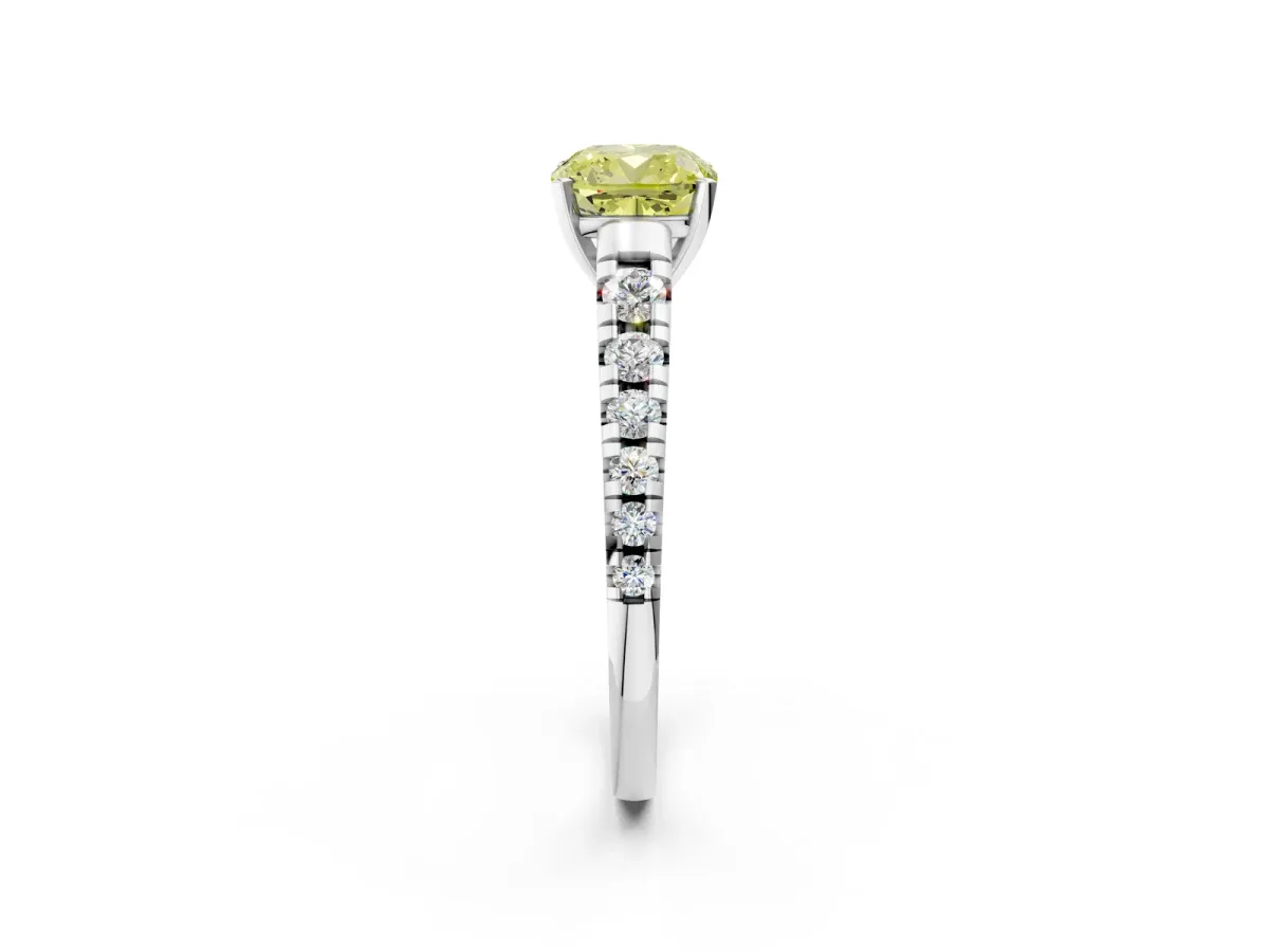 Fancy Yellow Cushion Cut Diamond Cathedral Solitaire Ring with Round Pavé Band Silver