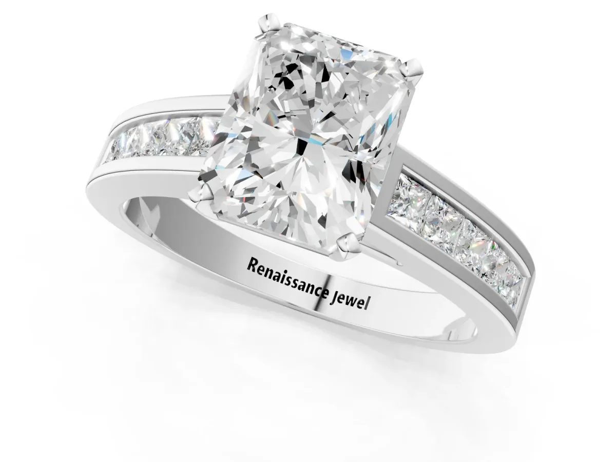 Radiant Cut Solitaire Diamond Ring with Channel-Set Band and Four-Prong Setting Platinum