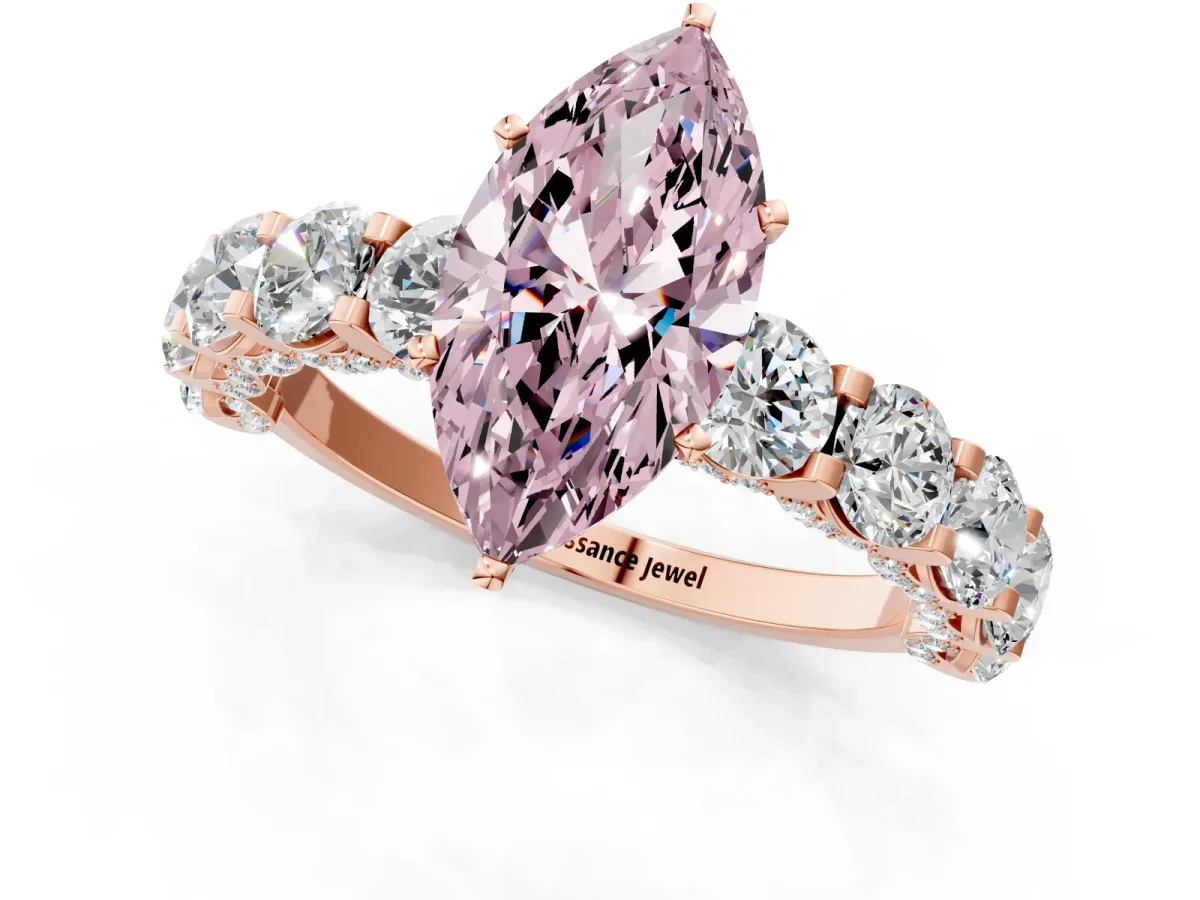 Fancy Pink Marquise Cut Diamond Side Stone Engagement Ring with Four-Prong Setting Rose gold