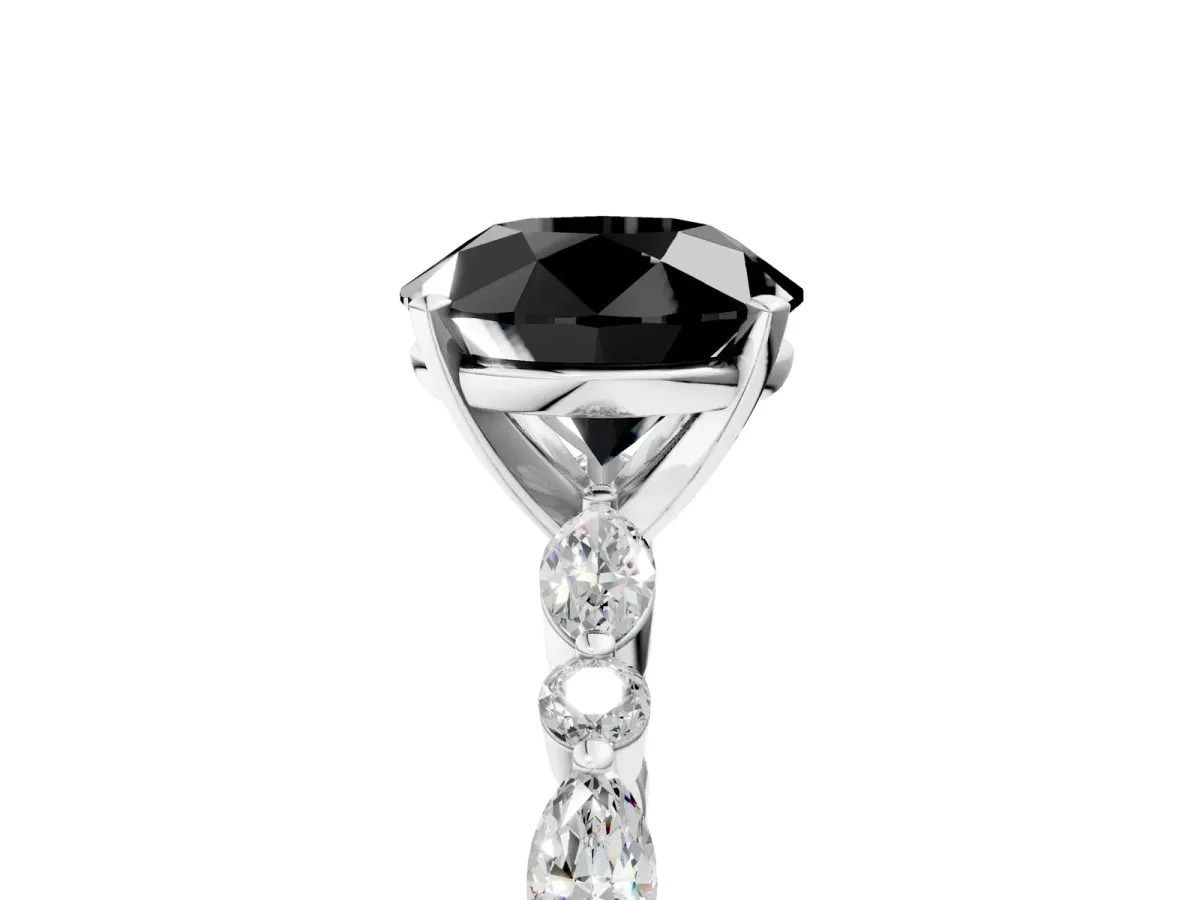 Fancy Black Round Cut Diamond Ring with Marquise and Round Side Stones and Four-Prong Setting Silver