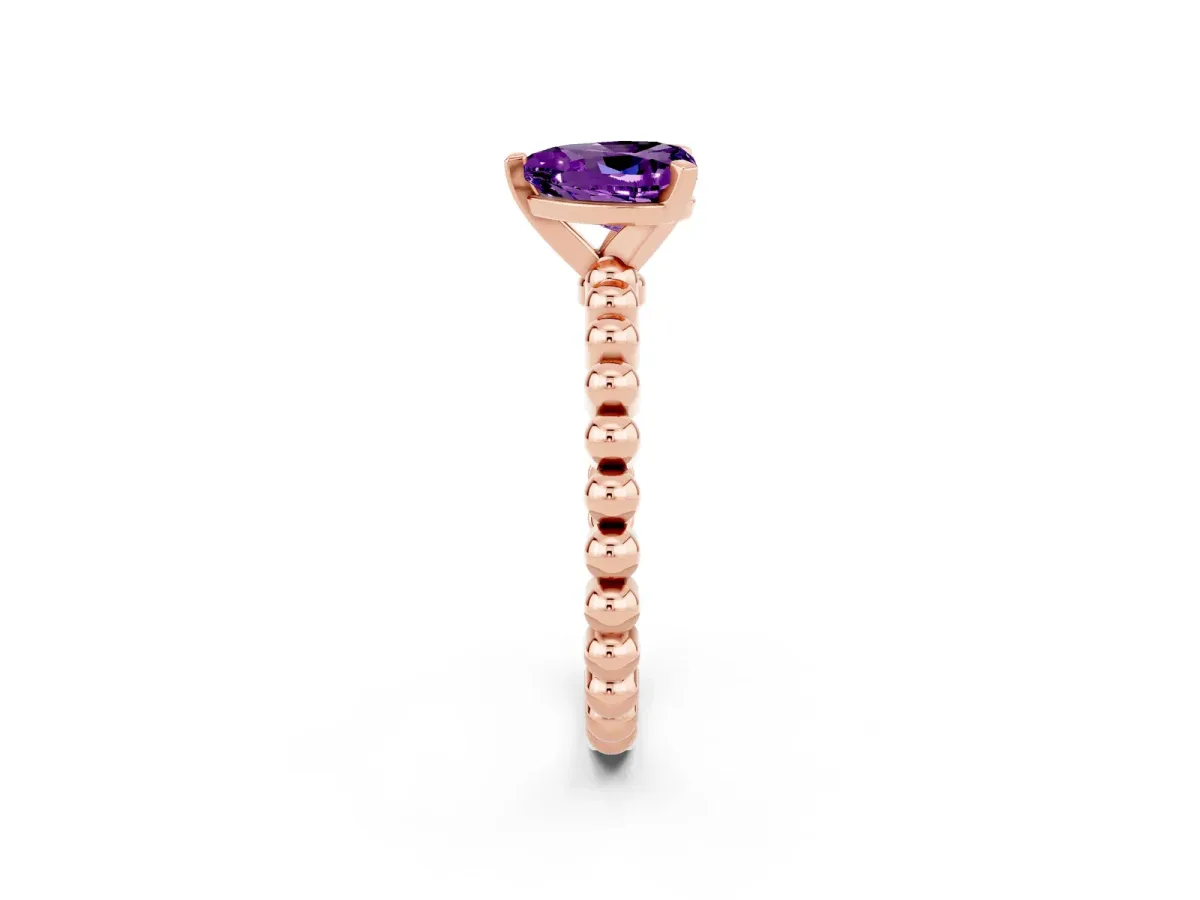 Heart Cut Amethyst Solitaire Ring with Beaded Band and Prong Setting Rose gold