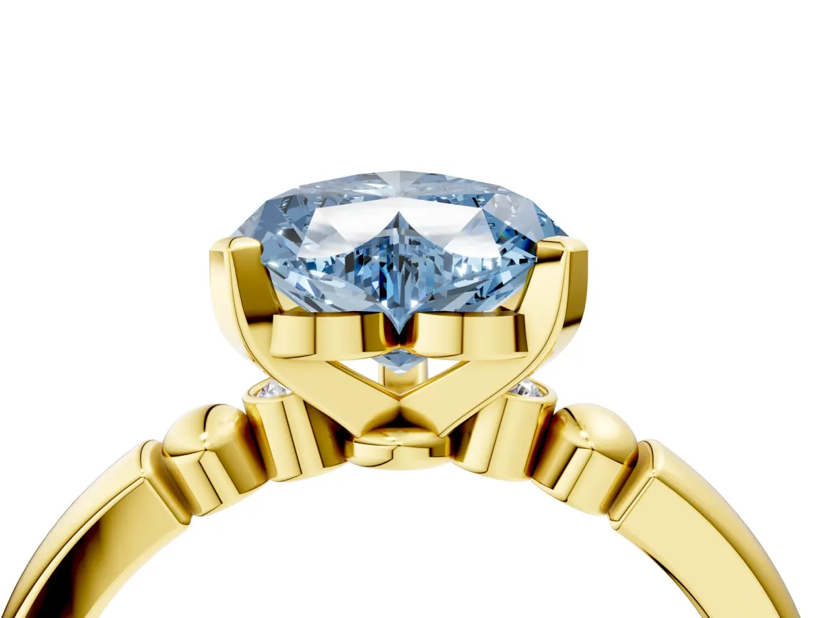 Fancy Blue Heart Cut Solitaire Beaded Band with Four-Prong Setting Yellow gold