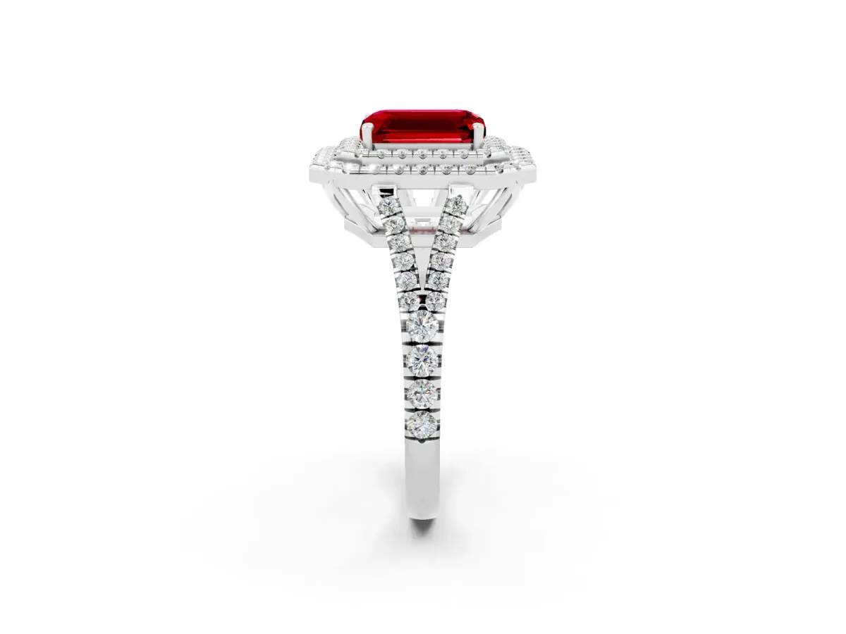Emerald Cut Ruby Double Halo Ring with Pavé Band and Prong Setting White gold