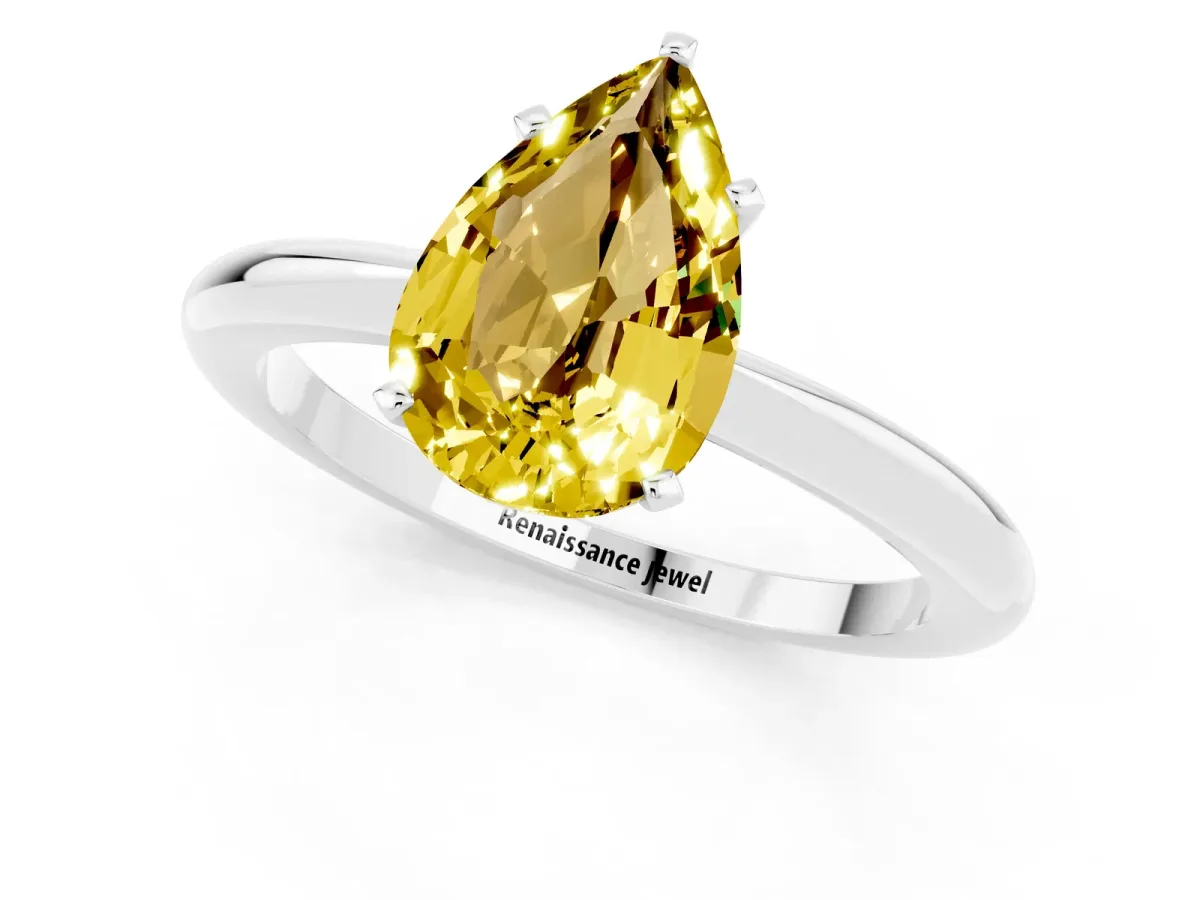 Pear Cut Yellow Sapphire Solitaire Ring with Six-Prong Setting and Classic Band Silver