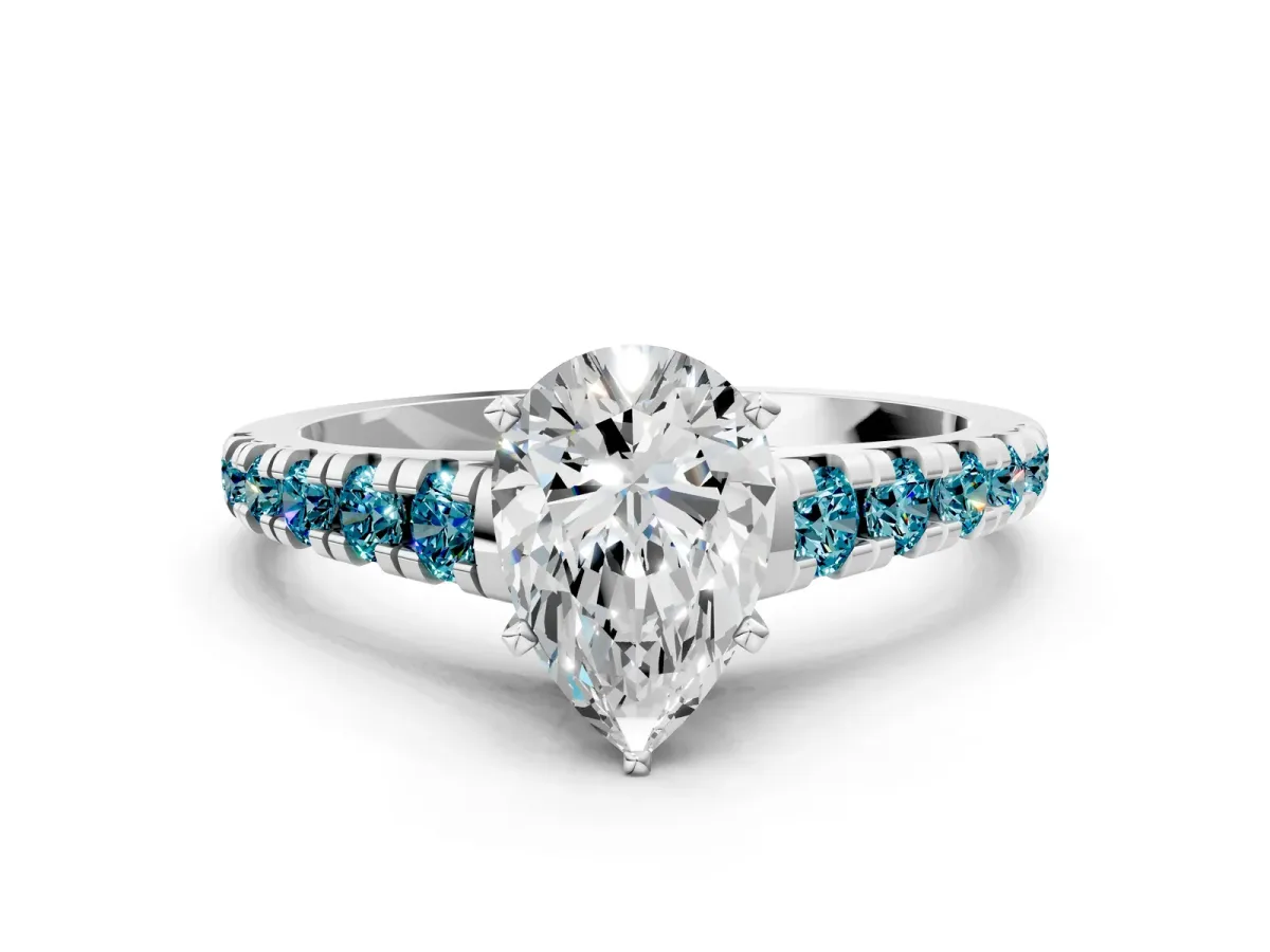 Pear Cut Diamond Cathedral Solitaire Ring with Round Blue Topaz Pavé Band Silver