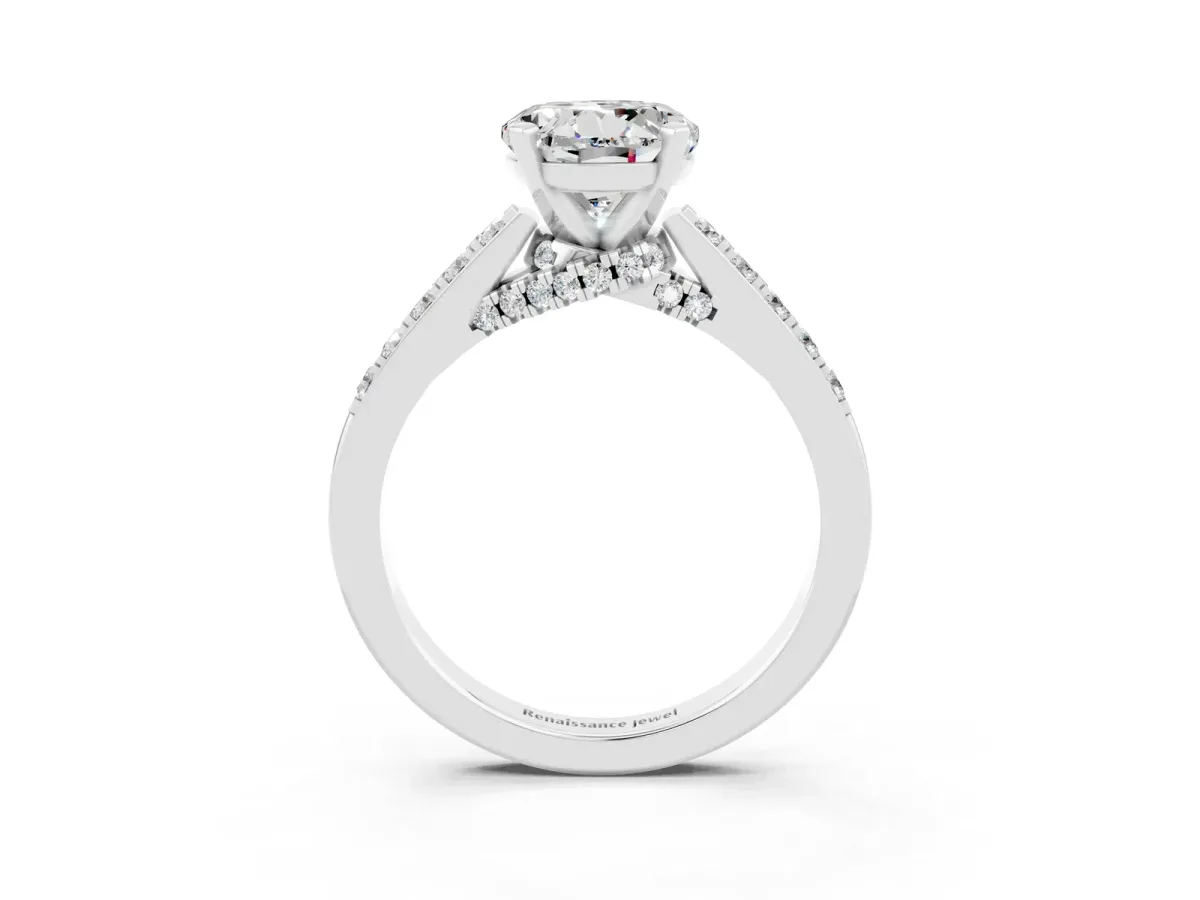 Round Cut Moissanite Solitaire Ring with Crossover Gallery and Round Pavé Band Silver
