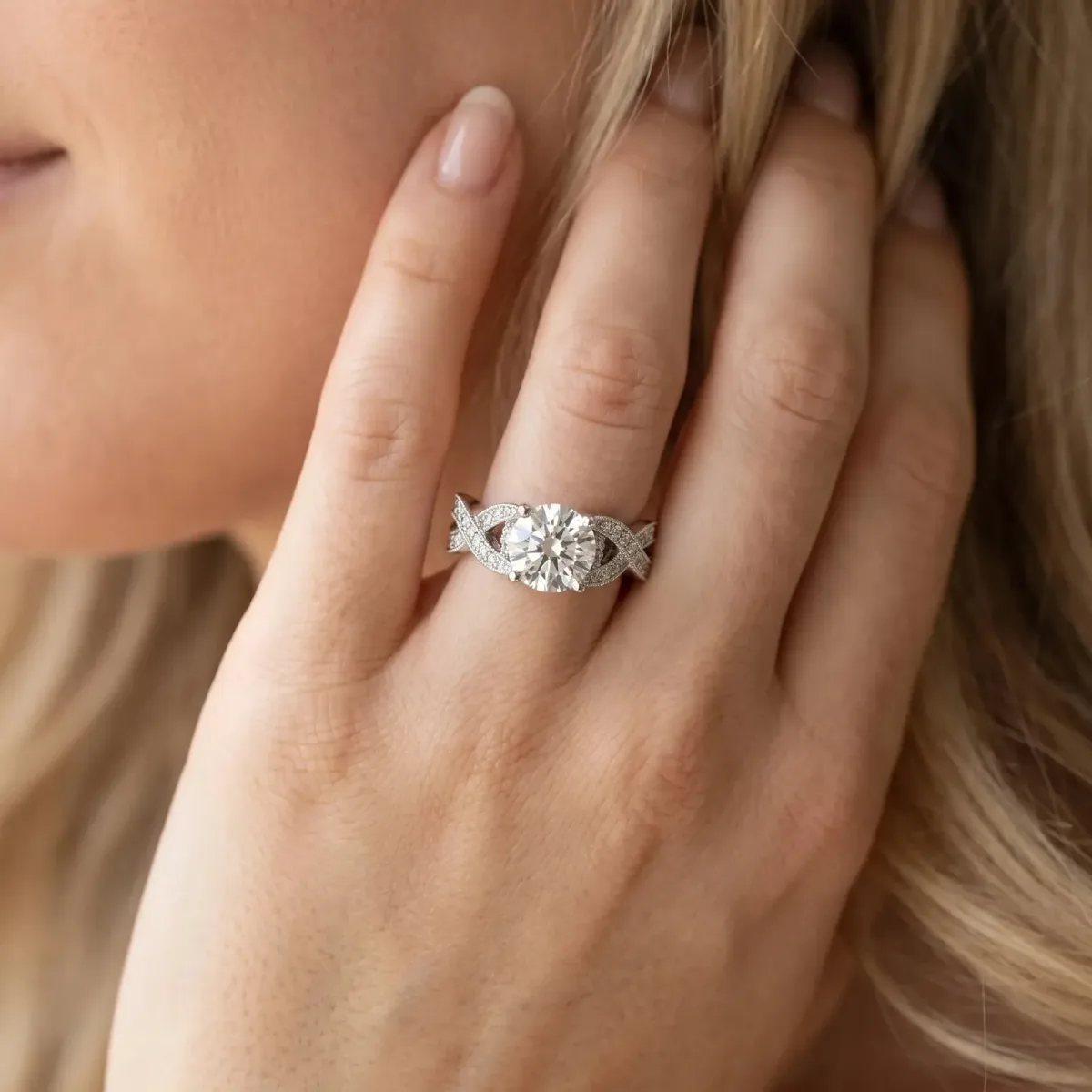 Asscher Cut Cut Diamond Twisted Band with Milgrain Pave Setting and Four-Prong Setting Platinum