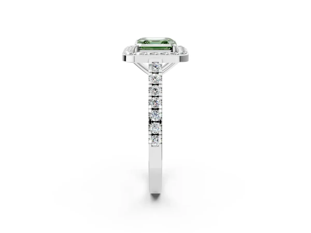 Fancy Green Asscher Cut Diamond Halo Ring with Round Pavé Split Shank and Prong Setting Platinum
