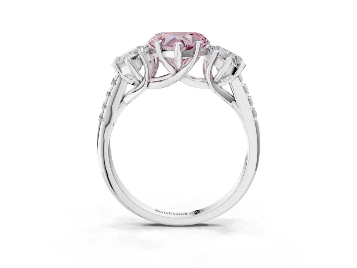 Fancy Pink Three-Stone Heart Cut Diamond Ring with Round Pavé Band and Prong Setting Silver