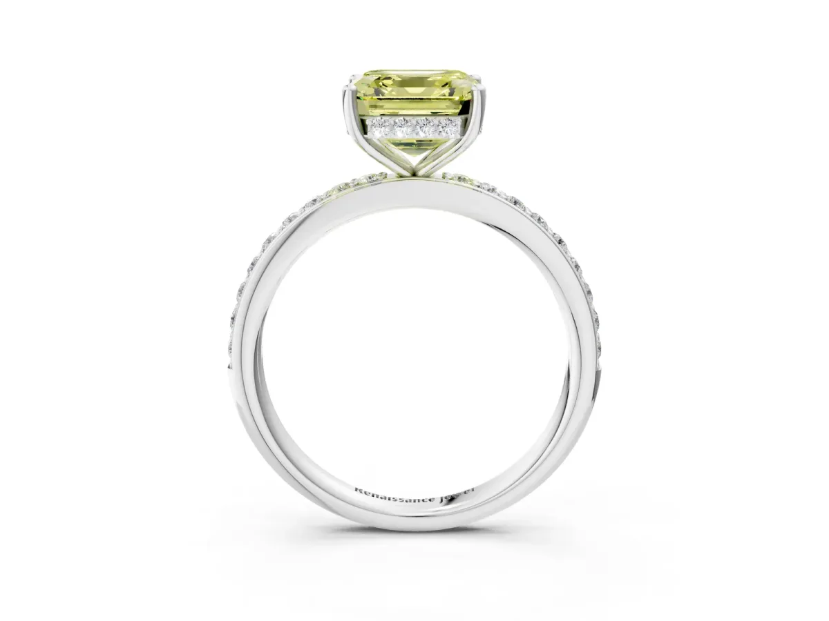 Fancy Yellow Asscher Cut Cut Diamond Pavé Band Ring with Four-Prong Setting Platinum