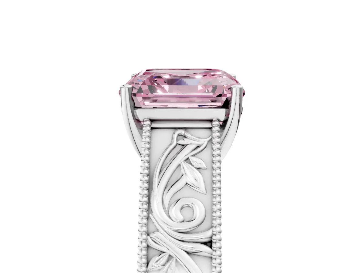 Fancy Pink Asscher Cut Diamond Solitaire Ring with Engraved Band and Four-Prong Setting Platinum