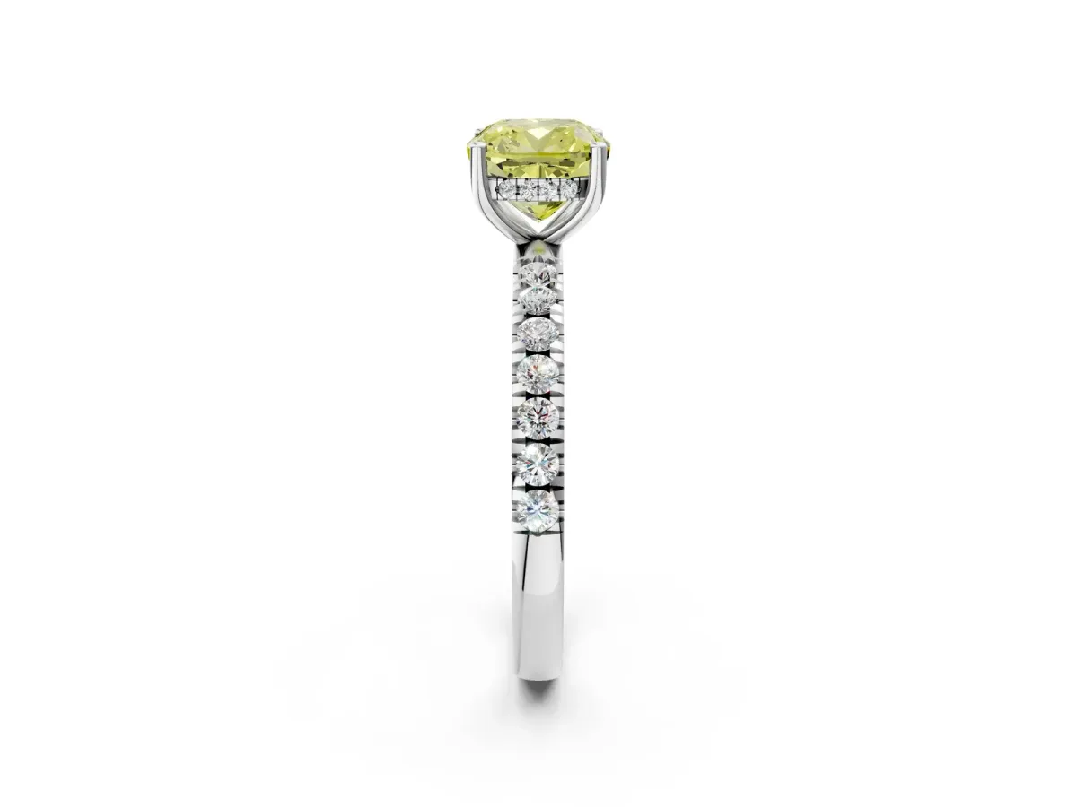Fancy Yellow Cushion Cut Diamond Pave Band Solitaire Ring with Round and Prong Setting Silver