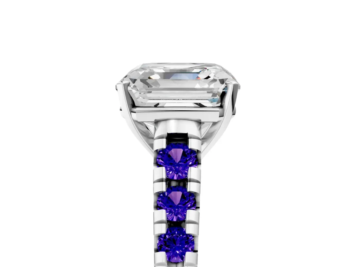 Asscher Cut Diamond Cathedral Solitaire Ring with Round Tanzanite Pavé Band Silver